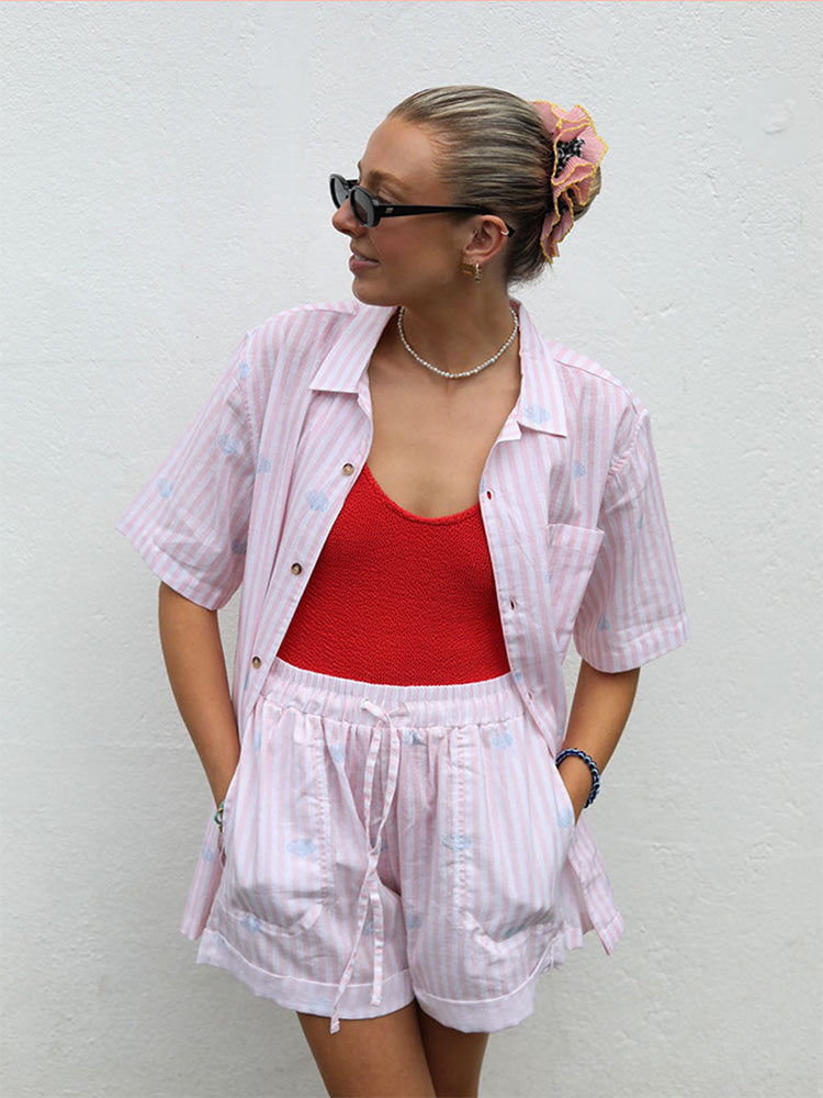 Red linen shorts womens store