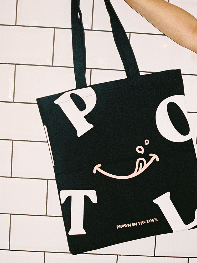 Prawn on the Lawn Black POTL Canvas Tote Bag