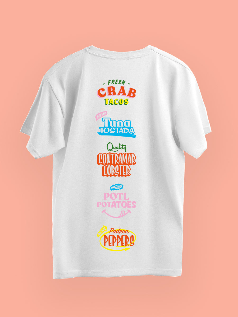 Prawn on the Lawn POTL Taqueria colourful graphic print Cotton T-shirt (White)